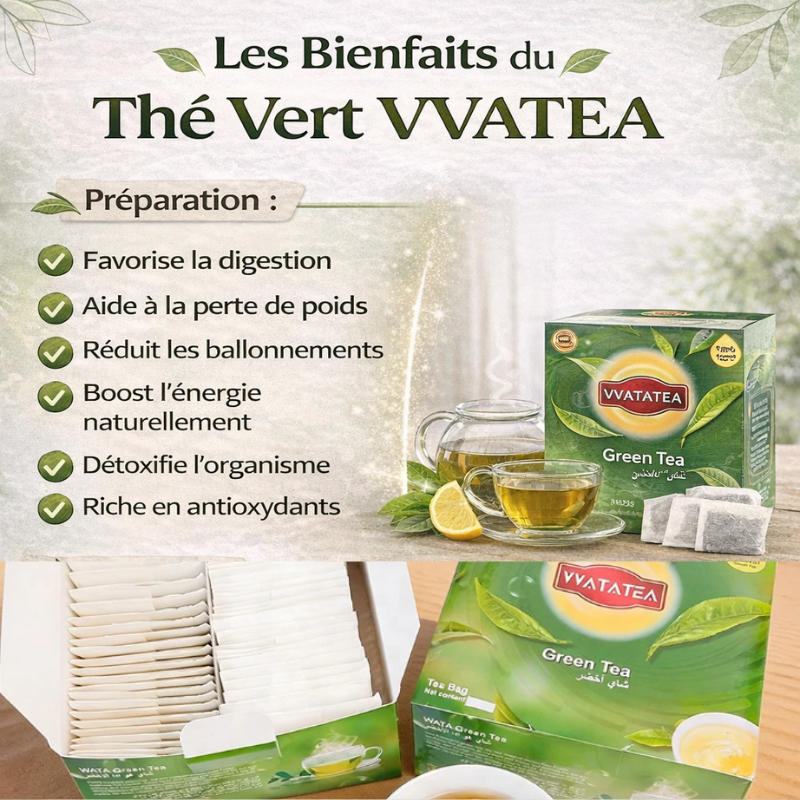 Thé Vert Naturel, Forme & Bien-être (VVATATEA) ( 1 carton = 50 sachets de thé vert)