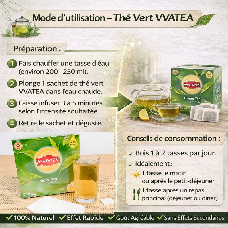 Thé Vert Naturel, Forme & Bien-être (VVATATEA) ( 1 carton = 50 sachets de thé vert)